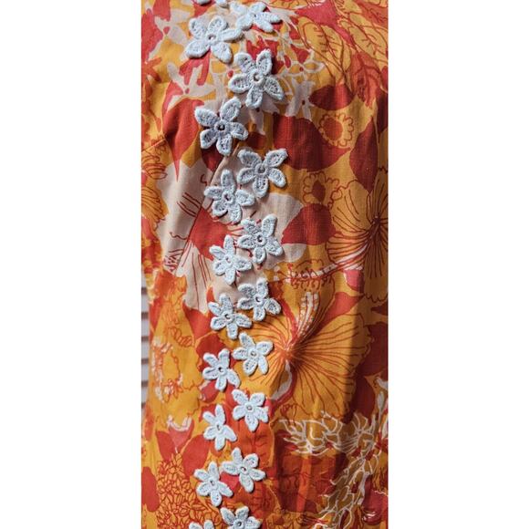 Vintage Key West Hand Print Fabrics Dress Orange Hibiscus Appliqued Lined Medium - Picture 2 of 10